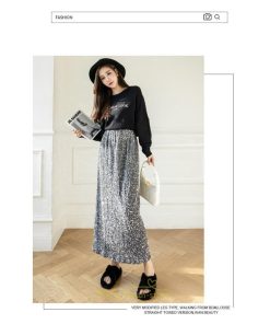 スカート | ロング マキシ フレアAライン ロングキラキラ 個性的 ハイウエスト スリット 着痩せ あったか 2022新作 体型カバー 冬 秋