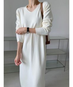 ニットワンピース | ワンピース 秋冬 ロングワンピース ミモレ丈 無地 ゆったり 体型カバー 柔らか 大人 長袖 20代30代 セーター Vネック アウター ニット 50代