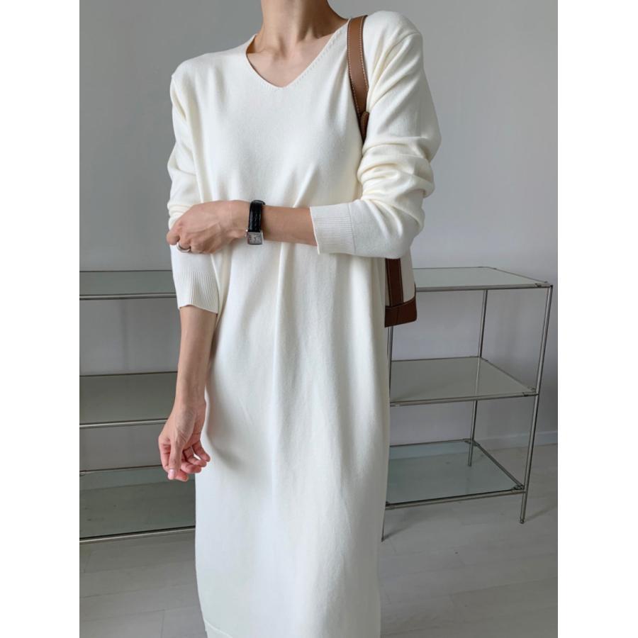 ニットワンピース | ワンピース 秋冬 ロングワンピース ミモレ丈 無地 ゆったり 体型カバー 柔らか 大人 長袖 20代30代 セーター Vネック アウター ニット 50代
