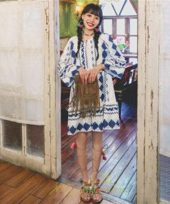 ミニ丈 | ワンピース 夏秋 レディース 長袖 綿麻 ひざ上 ショート かわいい リゾート 休み 旅行 お出かけ 華やか 着痩せ ゆったり 幾何学柄 エスニック風 Vネック 民族風