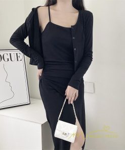 ミディアム | ワンピース タイトワンピース カーディガン セットアップ 2点セット セクシー 膝丈 スリット パーティー スリム キャミソールワンピース 大人 美ライン 無地
