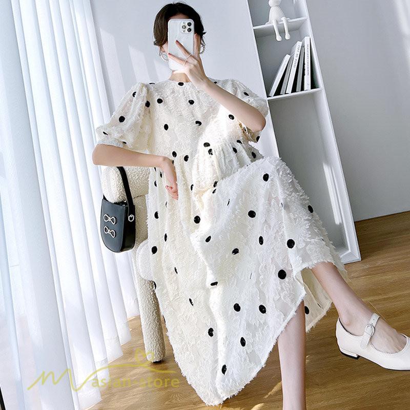 ワンピース | マタニティウェア レディース 半袖 ドット柄 着痩せ マタニティクルーネック 大きいサイズ 産前 マタニティ お出かけ 妊婦着 ゆったり