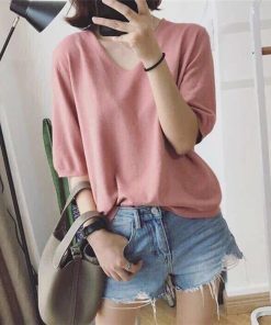 tシャツ・カットソー | Tシャツ カットソー レディース トップス 五分袖 夏服 秋物 リブ 無地 柔らかい Vネック 可愛い ニット インナー 通学通勤 20代30代 スリム 40代50代