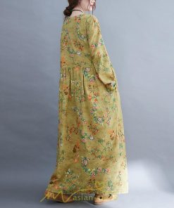 マキシ | ワンピース 大きいサイズ レディース  楽ちん 美人 コットン 夏 秋 新作 ぽっちゃり ゆったり 長袖 お腹 太もも 華奢 花柄 丸首 ポケット 黄色 美脚 着痩せ 通勤