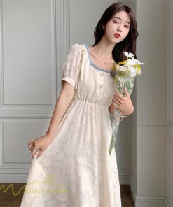 ミディアム | ワンピース レディース 着痩せ スクエアネック 上品 可愛い 半袖 ハイウエスト 透け感 Aラインワンピース 韓国風 20代 お出かけ 通勤通学 30代 きれいめ 40代