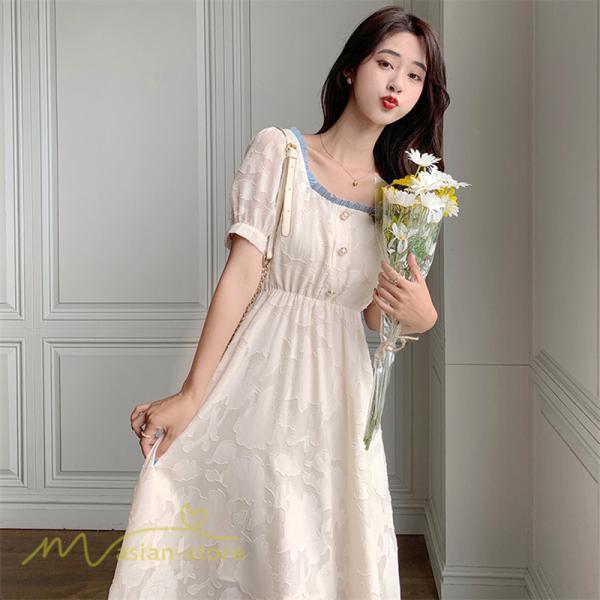 ミディアム | ワンピース レディース 着痩せ スクエアネック 上品 可愛い 半袖 ハイウエスト 透け感 Aラインワンピース 韓国風 20代 お出かけ 通勤通学 30代 きれいめ 40代