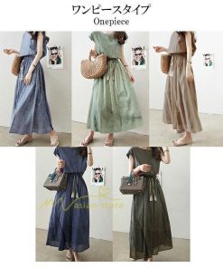 マキシ | ワンピース 半袖 夏ワンピース 20代30代 綿麻ワンピース ロングワンピース Aラインワンピース ウエストゴム リボン付き フレア 軽い 薄手 夏物 大人 40代50代