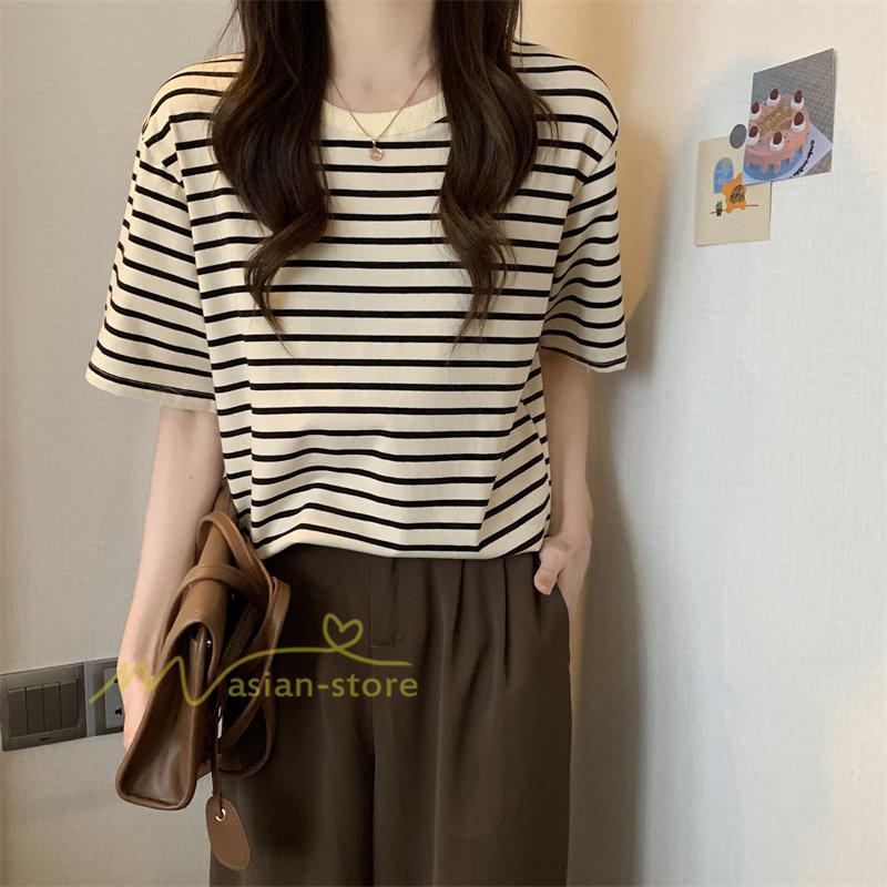tシャツ・カットソー | Tシャツ レディース 春夏 トップス カットソー 半袖 シャツ ストライプ柄 20代30代40代50代 カジュアル お出かけ 上品 韓国ファッション 着回し 着痩せ 快適
