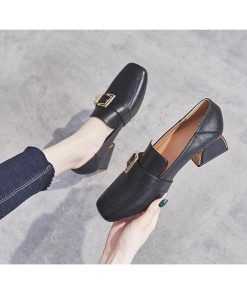 パンプス | スクエアトゥ チャンキーヒール ミドルヒール スリッポン レディース スリップオン シューズ 太ヒール ローファー 黒 22.5cm-25cm ブラック 30代