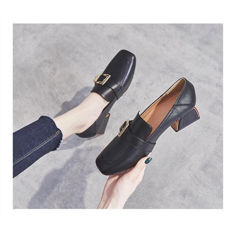 パンプス | スクエアトゥ チャンキーヒール ミドルヒール スリッポン レディース スリップオン シューズ 太ヒール ローファー 黒 22.5cm-25cm ブラック 30代