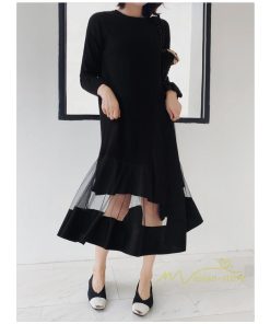 マキシ | 黒ワンピース 長袖ワンピース 秋物 レディース 切り替えワンピース ゆったり 大きいサイズ 裾チュール 30代40代 大人 20代50代 かわいい 通学通勤 ワンピース