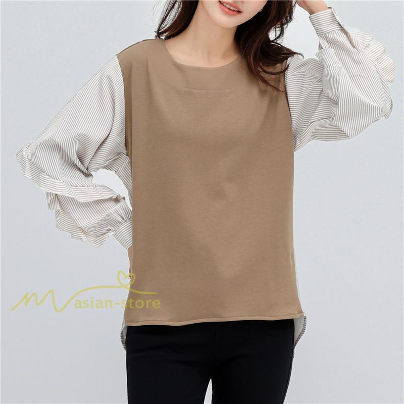 シャツ・ブラウス | Tシャツ レディース トップス 長袖 秋コーデ 切り替え パフスリーブ カットソー ブラウス ゆったり 可愛い カジュアル オフィス 20代30代40代 シンプル 春夏秋