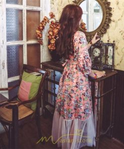 マキシ | 夏秋ワンピース チュール レディース マキシワンピース ロングワンピース パーティー 二次会 痩せて見える 七分袖 Vネック ピンク ハイウエスト 鎖骨 黒