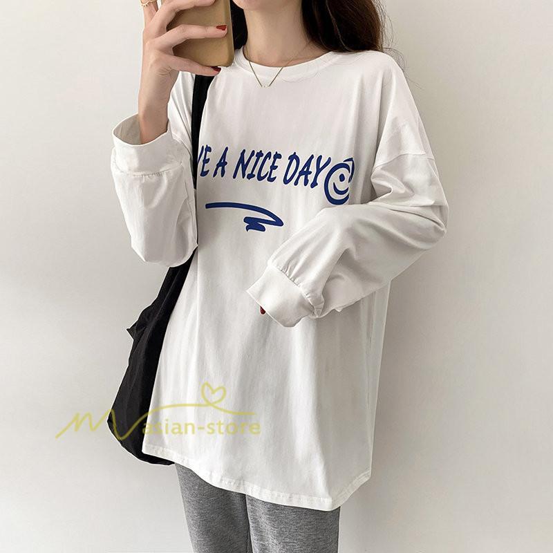 tシャツ・カットソー | カットソー レディース 長袖 春 Tシャツ レディース ゆったり ラウンドカット トップス 丸首 韓国ファッション 通勤通学 20代30代40代50代 カジュアル 夏物 快適