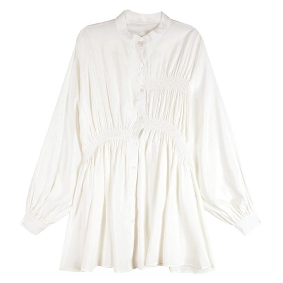 シャツ・ブラウス | レディース 春夏長袖 チュニックワンピ シャツブラウス 白 シャツワンピース ウエストマーク ミニワンピース