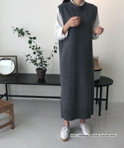 ベスト | ニットベストワンピース ロングレディース ベストワンピース ロングワンピース ニットワンピース ノースリーブ 袖なし サイドスリット入れ 丸首 無地