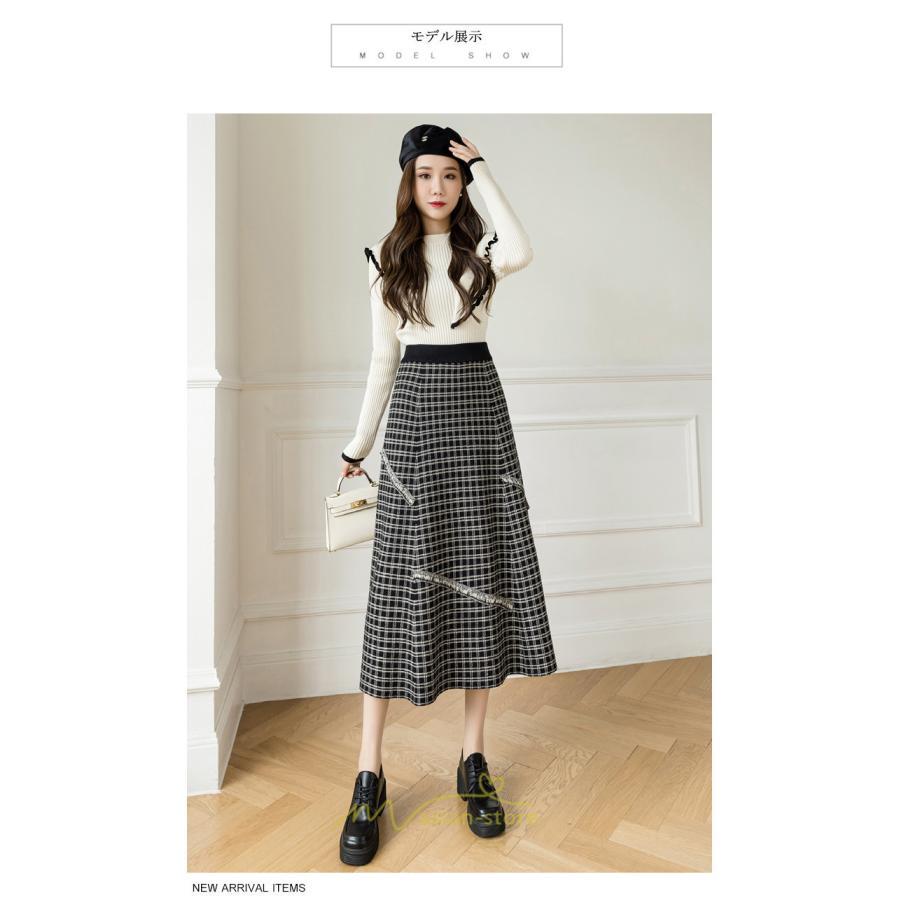 スカート | ロングチェック柄 ニット きれいめ レディース ロング丈 女子会 デート 20代 30代 40代 50代 秋 あったか お出かけ 冬 フレア 高見え 細見え
