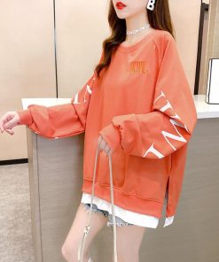 パーカ | カジュアル体型カバー レディース 韓国風 トップス ゆったり パーカートレーナー 長袖 スウェット チュニックロンT レイヤード風