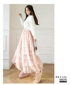 スカート | ロングレディース ティアードチュールプリーツおしゃれ 無地 可愛い カジュアル 韓国風 20代 40代 50代 30代