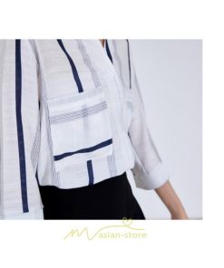 シャツ・ブラウス | ブラウス シャツ 七分袖 レディース ストライプ柄 ボーダー柄 春 夏 胸ポケット付き Ｖネック 華奢見え 通勤 お呼ばれ 日常 ビジネス 同窓会 エレガント 二次会