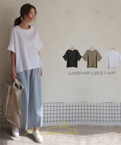 シャツ・ブラウス | ブラウス トップス ｔシャツ 半袖 レディース 体型カバー  シャツ L XL 20代 30代 40代 ママ 50代 60代 大人 丸首 ファッション 新作 夏服 無地 綿麻 ゆったり