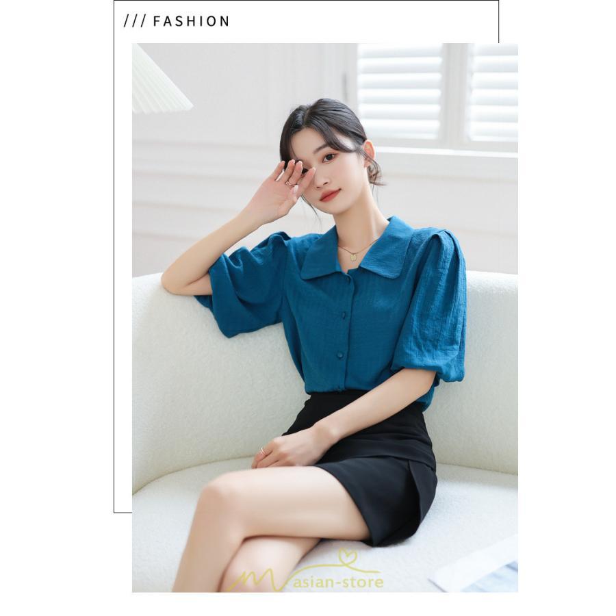 シャツ・ブラウス | ブラウス レディース オフィス シャツ 青 フォーマル 半袖 おしゃれ カジュアル フェミニン 開襟 着痩せ フランス風 お仕事 クラシック ビジネス 通勤 OL