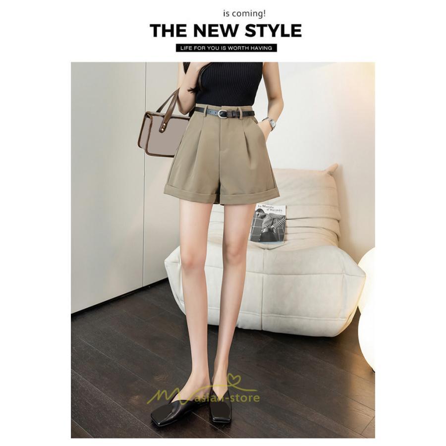 ショートパンツ | パンツ 無地 ベルト 美脚 カジュアル シンプル レディース 春 夏 ベルト付ボトムス お出かけ 日常 ズボン ゆったり 短パン