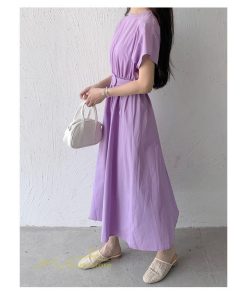 マキシ | 夏ワンピース ロングワンピース フレア 無地 半袖 ベルト付き Aラインワンピース レディース ワンピ 可愛い 体型カバー 大きいサイズ ゆったり カジュアル