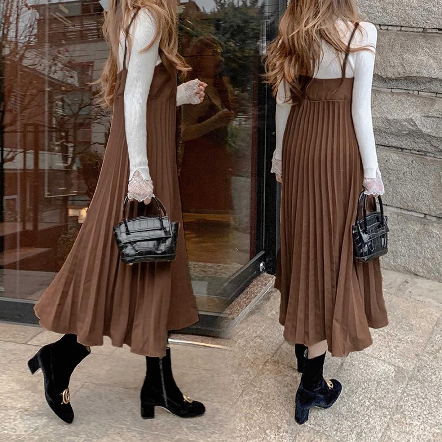 ロングスカート | ロングワンピース シンプル 無地 重ね着 フェミニン フレアキャミワンピ 着やせ レディース キャミソールワンピース プリーツ