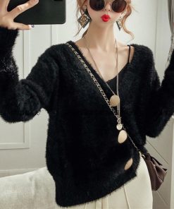 ニット・セーター | 韓国風 ニットトップス セーター 長袖 シャギーニットカーディガン レディース ふわふわ 秋冬 モヘアニット 羽織り 無地