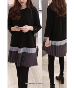 ミディアム | ワンピース レディース 40代 ワンピース 秋 きれいめ膝丈ワンピース 上品 長袖 配色プリーツワンピースチュニック 韓国風 通勤 結婚式ドレス お出かけ 着痩せ