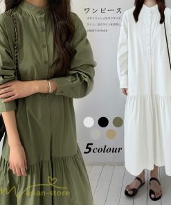 マキシ | シャツワンピース モックネック レディース 無地 長袖 切り替え Aラインワンピース 20代30代 フリーサイズ 春 ゆるワンピース コーデ 40代50代 秋 体型カバー