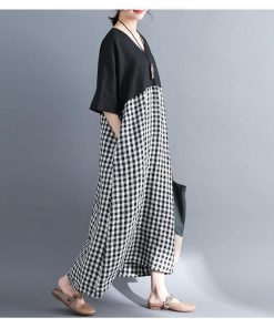 在庫ある | 短納期ロングリネンAラインワンピース ゆったりチェックワンピース 切り替えドッキングワンピ レディース 薄手 春夏衣装 通学通勤 オフィス カジュアル 海