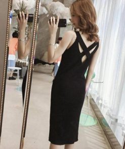 ワンピース | スリット レディース タイト膝下丈 ロングワンピ 着やせ バッククロス おしゃれ ニットノースリーブ