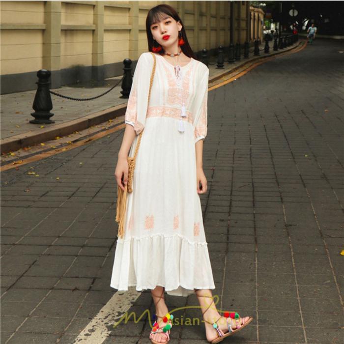 マキシ | ワンピース きれいめ レディース 夏 秋 ロング 上品 大人 七分袖 お出かけ 高見え 赤 白 黄色 上質 20代 50代 40代 ゆったり リゾート 30代 旅行 体型隠し