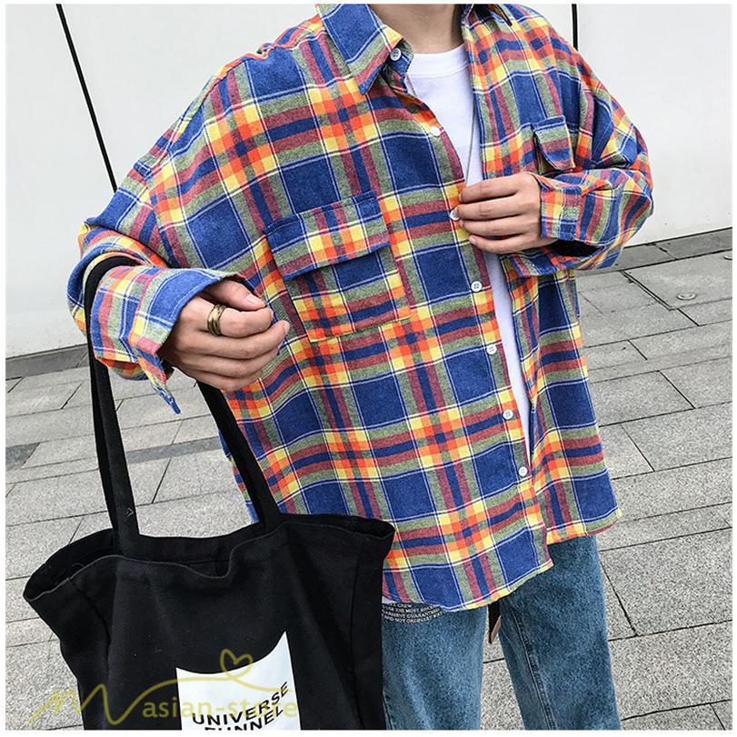 シャツ | ライトアウター 秋服 薄手 メンズ チェック柄 長袖 ポケット 韓国風 カッコウイイ 日常感 ワイドコットン 大きいサイズ トップス 大きいサイズ 男性着