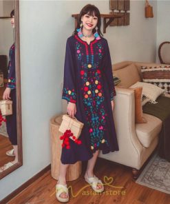 マキシ | ワンピース コットン 長袖ワンピース カジュアル ゆったり ナチュラル シンプル 可愛い 夏 秋 エスニック Vネック 鎖骨 レトロ 黄色 刺繍 白 青 三色展開