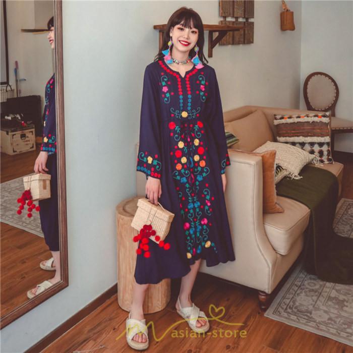 マキシ | ワンピース コットン 長袖ワンピース カジュアル ゆったり ナチュラル シンプル 可愛い 夏 秋 エスニック Vネック 鎖骨 レトロ 黄色 刺繍 白 青 三色展開