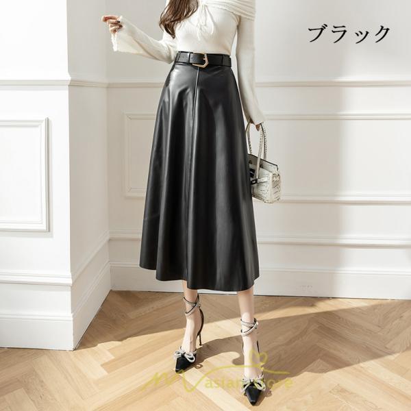 スカート | レザーフレアロング レディース ベルト付き ボトムス ロングAライン ミモレ丈 かっこいい 着痩せ キレイめ スリット