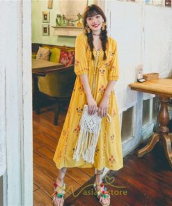 マキシ | ロング丈ワンピース レディース 花柄 Aライン 七分袖 ロング丈 ゆるシンプル きれいめ Vネック カジュアル 細見え 白 リゾート 黄色 上品 華やか 旅行