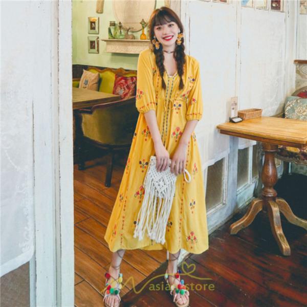 マキシ | ロング丈ワンピース レディース 花柄 Aライン 七分袖 ロング丈 ゆるシンプル きれいめ Vネック カジュアル 細見え 白 リゾート 黄色 上品 華やか 旅行