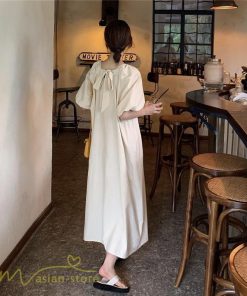 マキシ | ワンピース パフスリーブ 半袖 スクエアネック ゆったり 体型カバー ゆるワンピース フリーサイズ かわいい 無地 シンプル おしゃれ お出かけ レトロ 夏物 上品