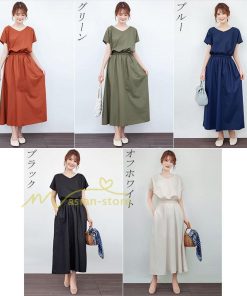 送料無料SALE | ロングワンピース 夏ワンピース 半袖 無地 フレアワンピース Vネック ベルト付き ゴム 女っぽい お呼ばれワンピース 大人 30代40代 ワンピ パーティー