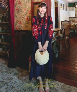 マキシ | 花柄ワンピース 丸首 リゾート ワンピース レディース 長袖 夏秋 ロング丈 マキシ丈 大人 上品 刺繍 綿麻 二次会 女子会 旅行 お出かけ コットン バカンス