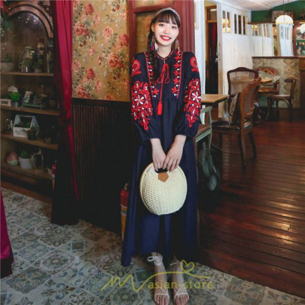 マキシ | 花柄ワンピース 丸首 リゾート ワンピース レディース 長袖 夏秋 ロング丈 マキシ丈 大人 上品 刺繍 綿麻 二次会 女子会 旅行 お出かけ コットン バカンス