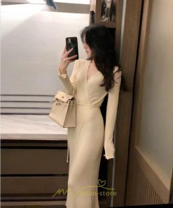 ニットワンピース | ワンピース 春 春服 レディース 長袖 ゆったり 秋 冬 vネック 着痩せ スリット 旅行 女子会 デート 20代30代40代50代 お出かけ