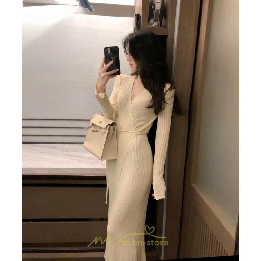 ニットワンピース | ワンピース 春 春服 レディース 長袖 ゆったり 秋 冬 vネック 着痩せ スリット 旅行 女子会 デート 20代30代40代50代 お出かけ