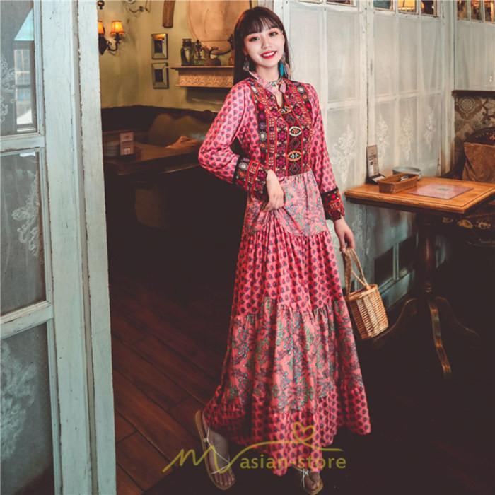 マキシ | ワンピース ロング 着やせ効果抜群 夏秋 長袖 他と被らない 刺繍 上品 きれいめ ロングワンピース マキシワンピ 舞台 演出 パーティー ダンス