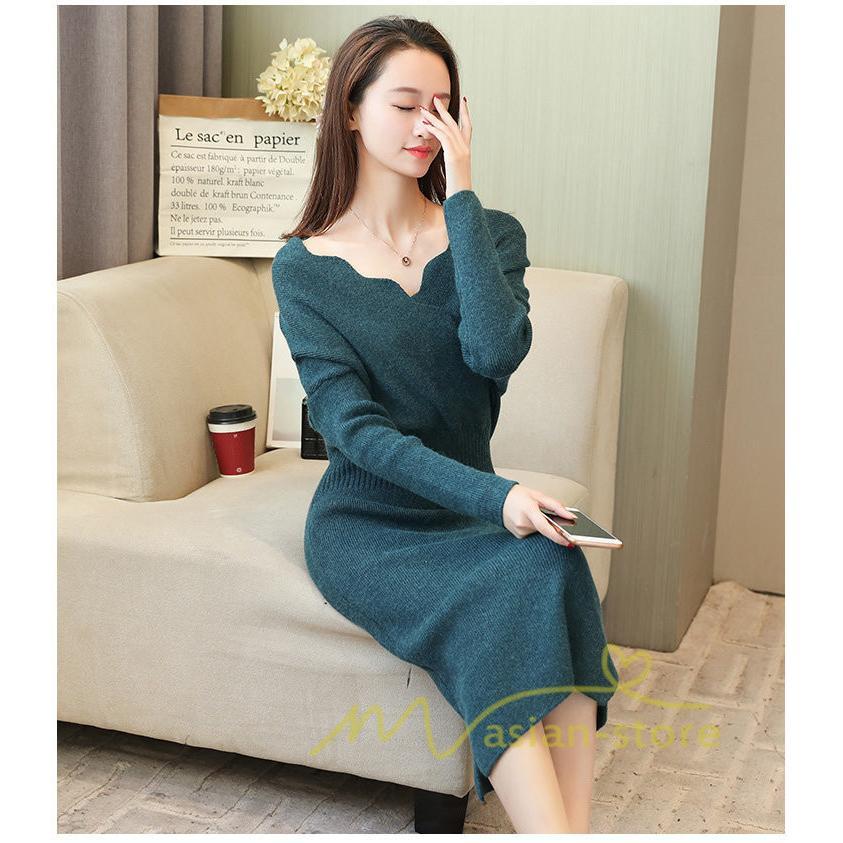 在庫ある | 短納期ニットワンピース 膝丈ワンピース タイトワンピース 長袖 インナー カットソー Vネック エレガント 着痩せ シルエット ビジネスオフィスフォーマル