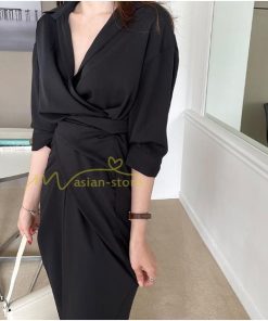 マキシ | ロングワンピース 夏ワンピース 薄手 黒ワンピース スリム 30代40代 大人 無地 シャツワンピース 七分袖 オフィス 涼感 セクシー Vネック フェミニン